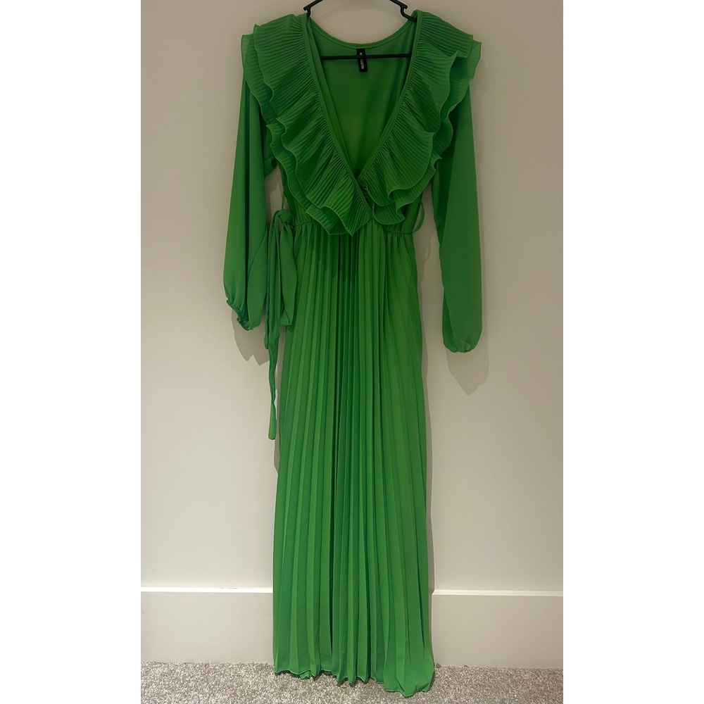 New Collection Green Pleated Ruffle Maxi Dress Long Sleeve V-Neck Wrap Tie 10